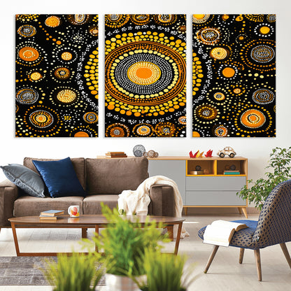 45478523-MGV-CV-60X30-3P-Abstract Circle Wall Art – Bold Black and Gold Dot Painting Canvas Print, Modern Geometric Mandala Style Decor for Living Room or