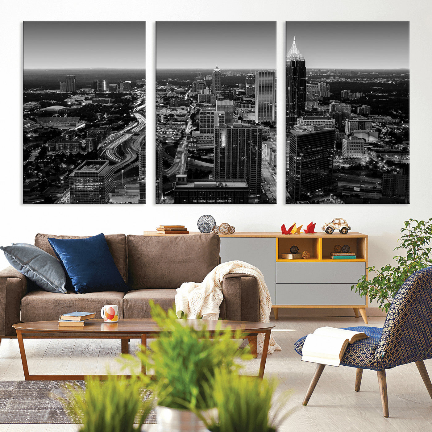 46578567-MGV-CV-36X24-Atlanta Skyline Wall Art – Black and White Cityscape Canvas Print, Modern Urban Night Decor for Office, Living Room, or Apartment