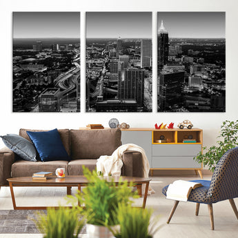 46578567-MGV-CV-36X24-Atlanta Skyline Wall Art – Black and White Cityscape Canvas Print, Modern Urban Night Decor for Office, Living Room, or Apartment