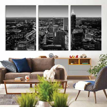 46578567-MGV-CV-36X24-Atlanta Skyline Wall Art – Black and White Cityscape Canvas Print, Modern Urban Night Decor for Office, Living Room, or Apartment