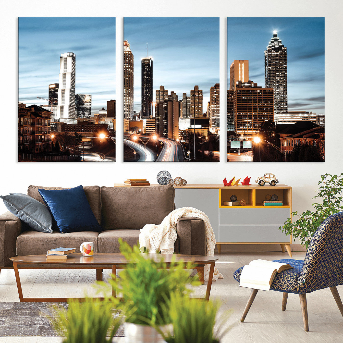 23859158-MGV-CV-36X24-Atlanta Skyline Wall Art – Modern Cityscape Canvas Print with Night Lights and Traffic Trails, Urban Decor for Office, Apartment,