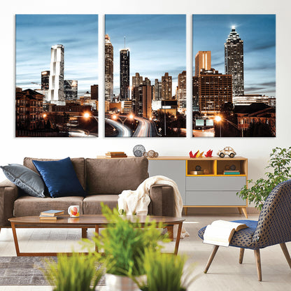 23859158-MGV-CV-36X24-Atlanta Skyline Wall Art – Modern Cityscape Canvas Print with Night Lights and Traffic Trails, Urban Decor for Office, Apartment,