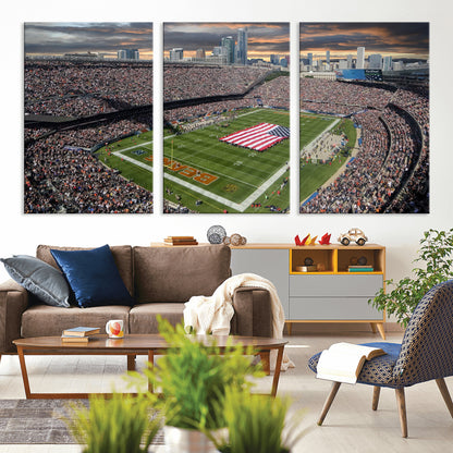 98106777-MGV-CV-36X24-Soldier Field Wall Art – Chicago Bears Stadium Canvas Print with American Flag, Game Day Football Decor for Man Cave, Bar, or