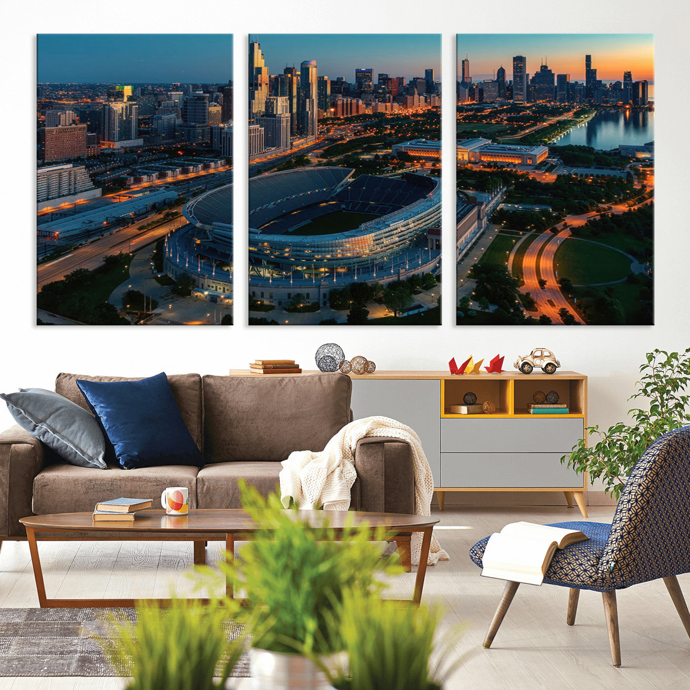 36690345-MGV-CV-36X24-Soldier Field Wall Art – Chicago Bears Stadium Aerial Night Canvas Print, City Skyline Football Decor for Living Room, Office, or