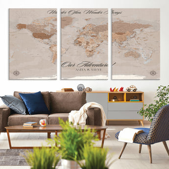 95243244-MGV-CV-36X24-Wander Often Wonder Always World Map Wall Art – Neutral Beige Adventure Canvas Print, Rustic Boho Travel Decor for Bedroom, Living