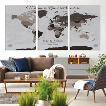 43749658-MGV-CV-36X24-Welcome to Great Adventure World Map Wall Art – Charcoal Gray Canvas Print, Rustic Travel Decor for Living Room, Study, Office or