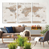 63516865-MGV-CV-36X24-Explore Dream Discover World Map Wall Art – Inspirational Travel Adventure Canvas Print, Neutral Parchment Style Explorer Decor
