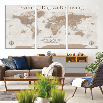63516865-MGV-CV-36X24-Explore Dream Discover World Map Wall Art – Inspirational Travel Adventure Canvas Print, Neutral Parchment Style Explorer Decor
