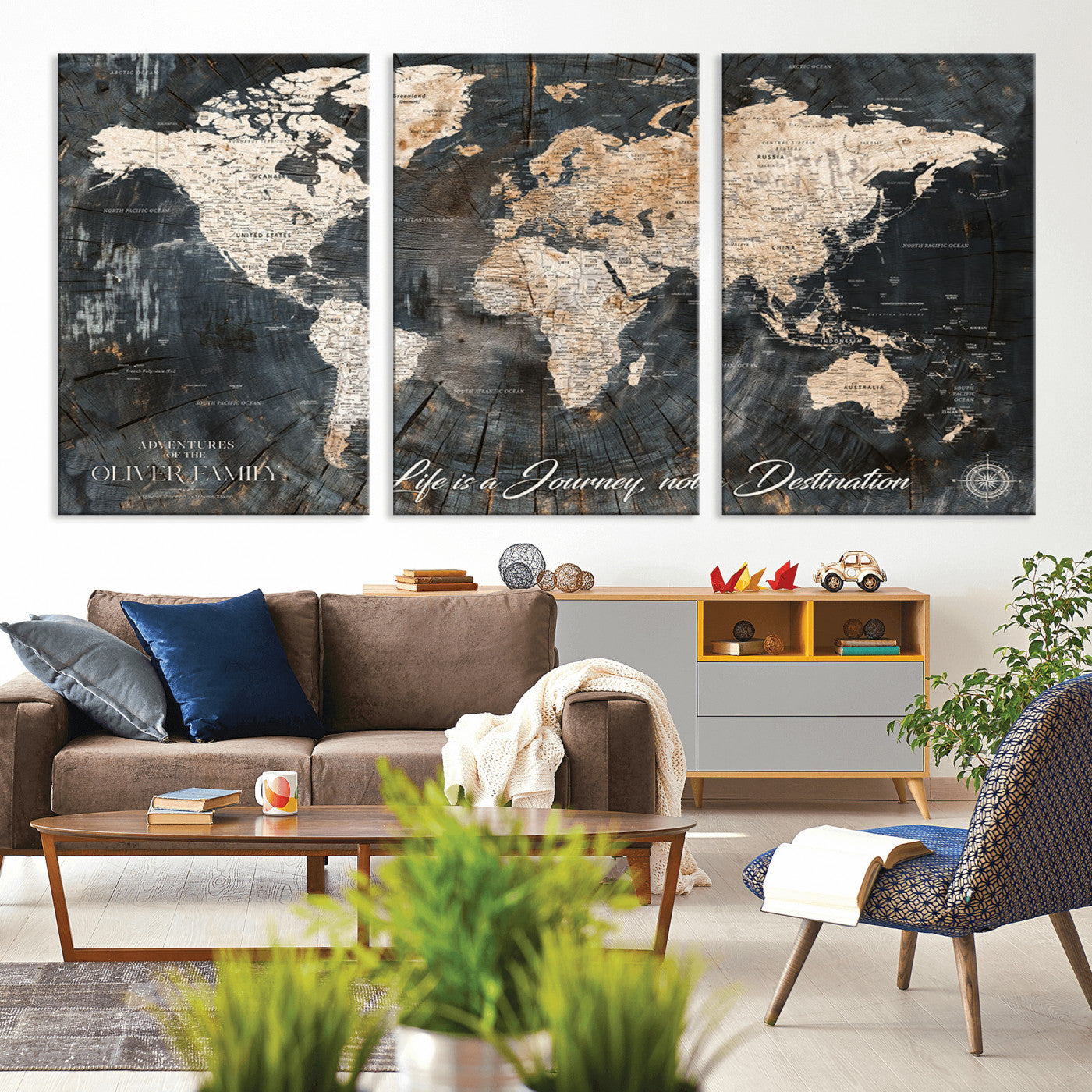 37848568-MGV-CV-36X24-Life is a Journey Not a Destination World Map Rustic Wood Texture Vintage Beige Navy Adventure Wall Art Canvas Print for Home