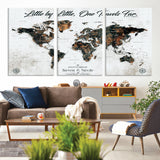 88337180-MGV-CV-36X24-Little by Little One Travels Far Tolkien Quote World Map Rustic Black Brown Adventure Wall Art Canvas Print for Home Office Living