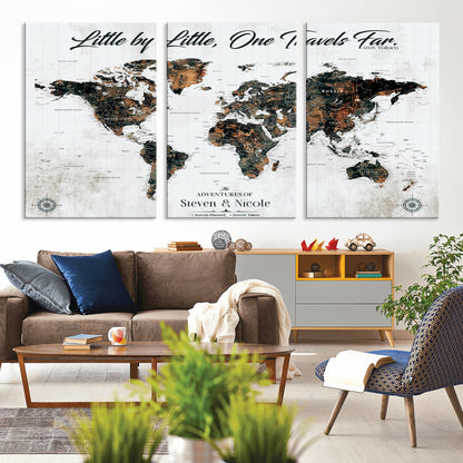 88337180-MGV-CV-36X24-Little by Little One Travels Far Tolkien Quote World Map Rustic Black Brown Adventure Wall Art Canvas Print for Home Office Living