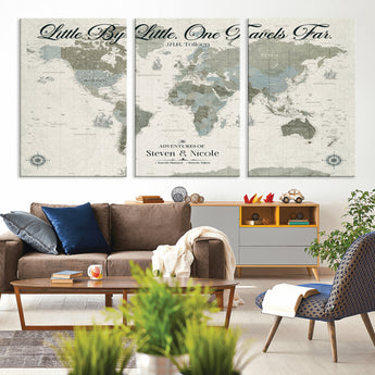 10693204-MGV-CV-36X24-Little By Little One Travels Far Tolkien Quote Blue Green World Map Adventure Wall Art Canvas Print Rustic Wanderlust Travel Decor