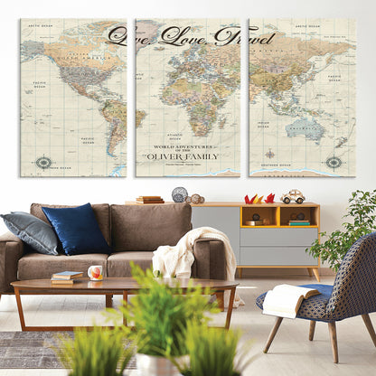 19479008-MGV-CV-36X24-Live Love Travel Wall Art – Detailed World Map Canvas Print, Adventure Decor for Living Room, Office or Bedroom, Travel Gift for