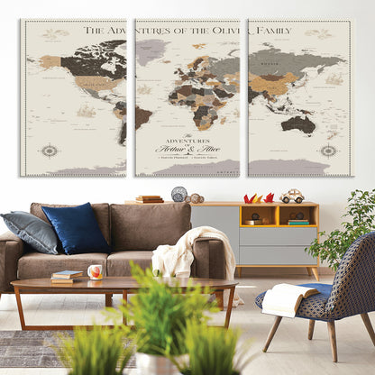38723540-MGV-CV-36X24-Adventures of the Oliver Family Wall Art – Earth Tone World Map Canvas Print, Minimalist Travel Decor for Living Room, Bedroom or