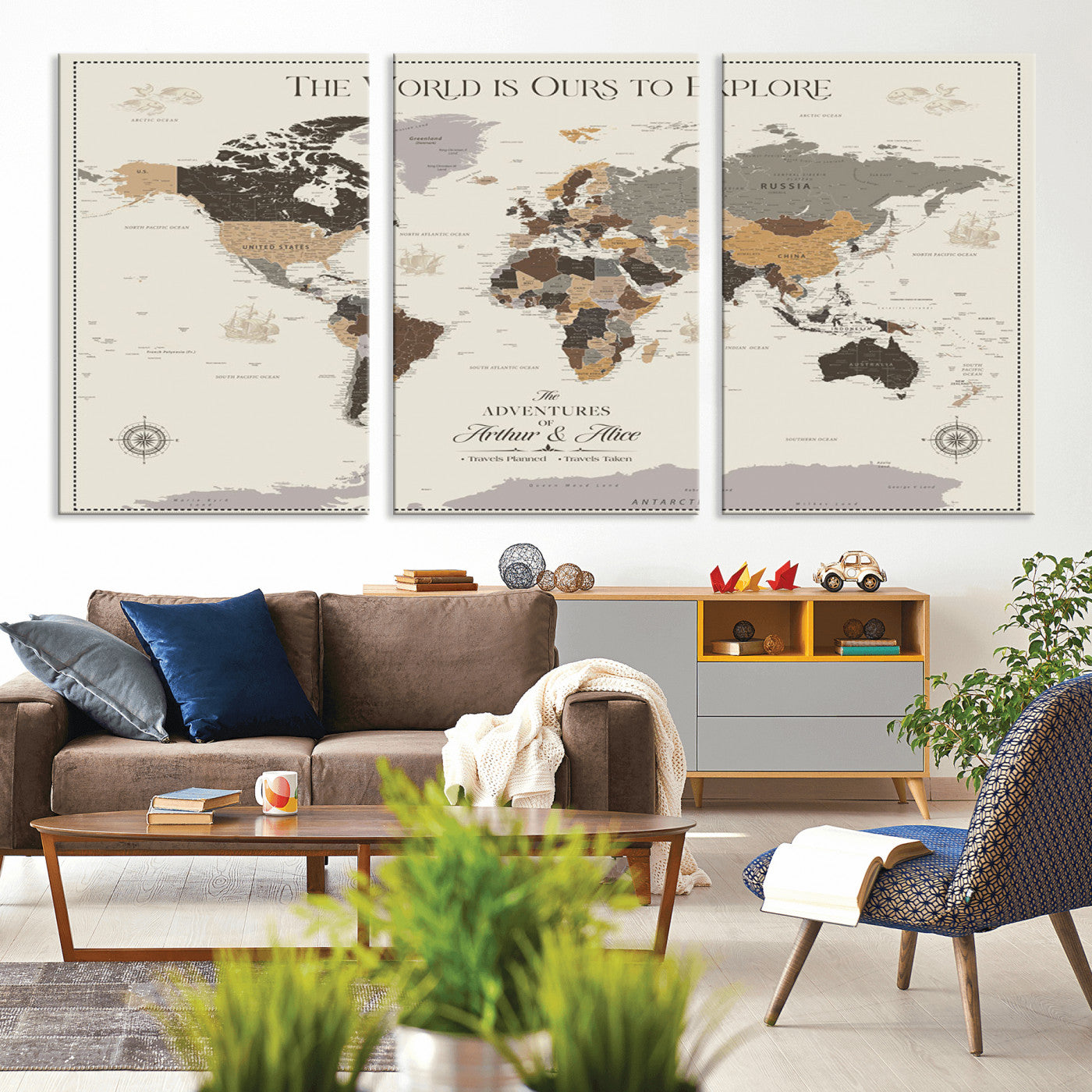 90024882-MGV-CV-36X24-The World is Ours to Explore Wall Art – Earth Tone World Map Canvas Print, Adventure Travel Decor for Living Room, Office or