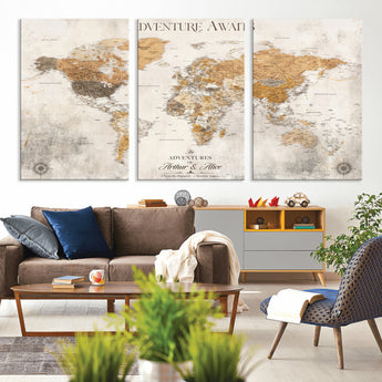 99422096-MGV-CV-36X24-Adventure Awaits World Map Wall Art – Neutral Beige Canvas Print, Modern Travel Inspired Wall Decor for Living Room, Bedroom or