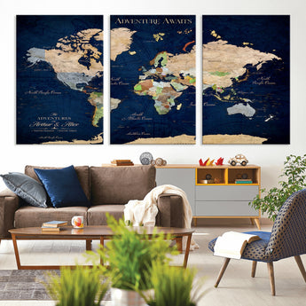 43160428-MGV-CV-36X24-Adventure Awaits Navy Blue World Map – Vibrant Travel Canvas Wall Art, Antique Atlas Print, Wanderlust Decor for Home Office
