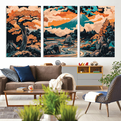 21638941-MGV-CV-36X24-Japanese Landscape Wall Art – Mount Fuji and Flowing River Ukiyo-e Style Canvas Print, Traditional Japan Inspired Artwork for