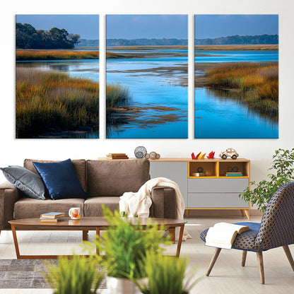 26300004-MGV-CV-36X24-Tranquil Marshland Canvas Wall Art – Blue Water, Reflective Sky, Golden Grasses, Calm Nature Landscape, Scenic Outdoor Beauty for