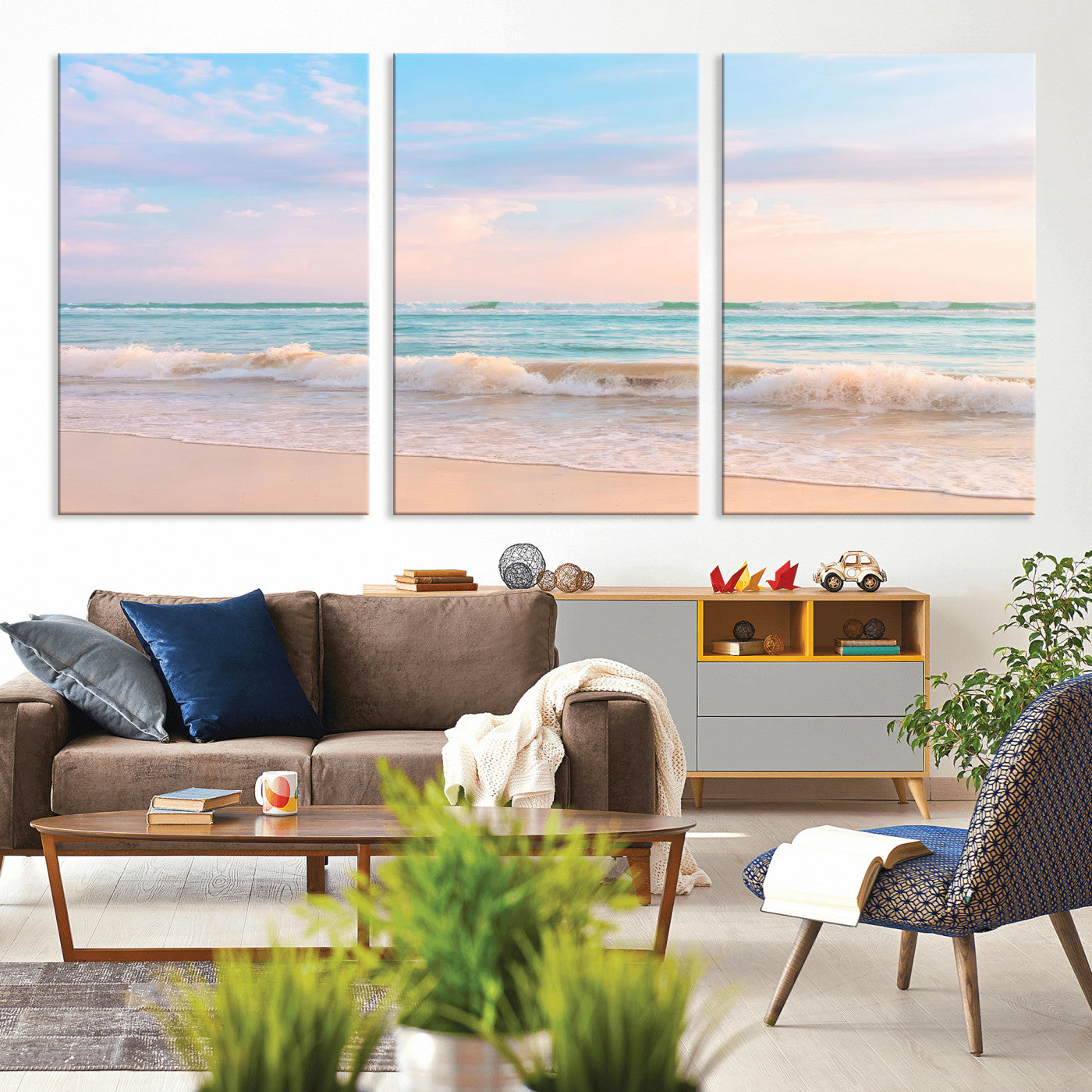 88024944-MGV-CV-36X24-Serene Ocean Waves Canvas Wall Art – Pastel Sky, Soft Sand Beach, Tranquil Seascape, Calm Water Coastal Nature, Relaxing Peaceful