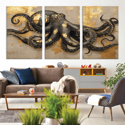 57944271-MGV-CV-36X24-Octopus Wall Art – Black and Gold Nautical Canvas Print, Modern Ocean Inspired Artwork with Elegant Detailing, Coastal Marine
