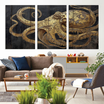 47056538-MGV-CV-36X24-Octopus Canvas Wall Art – Gold Detail, Wooden Texture, Marine Life, Ocean Creature Tentacles, Nautical Coastal Rustic Decor for