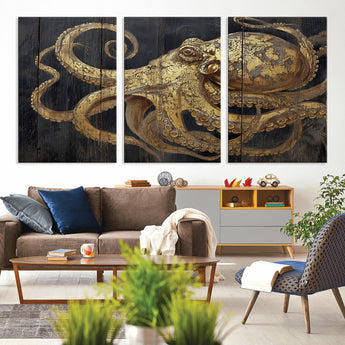 47056538-MGV-CV-36X24-Octopus Wall Art – Gold Nautical Canvas Print with Rustic Wood Texture, Marine Creature Artwork for Coastal Ocean Decoration in
