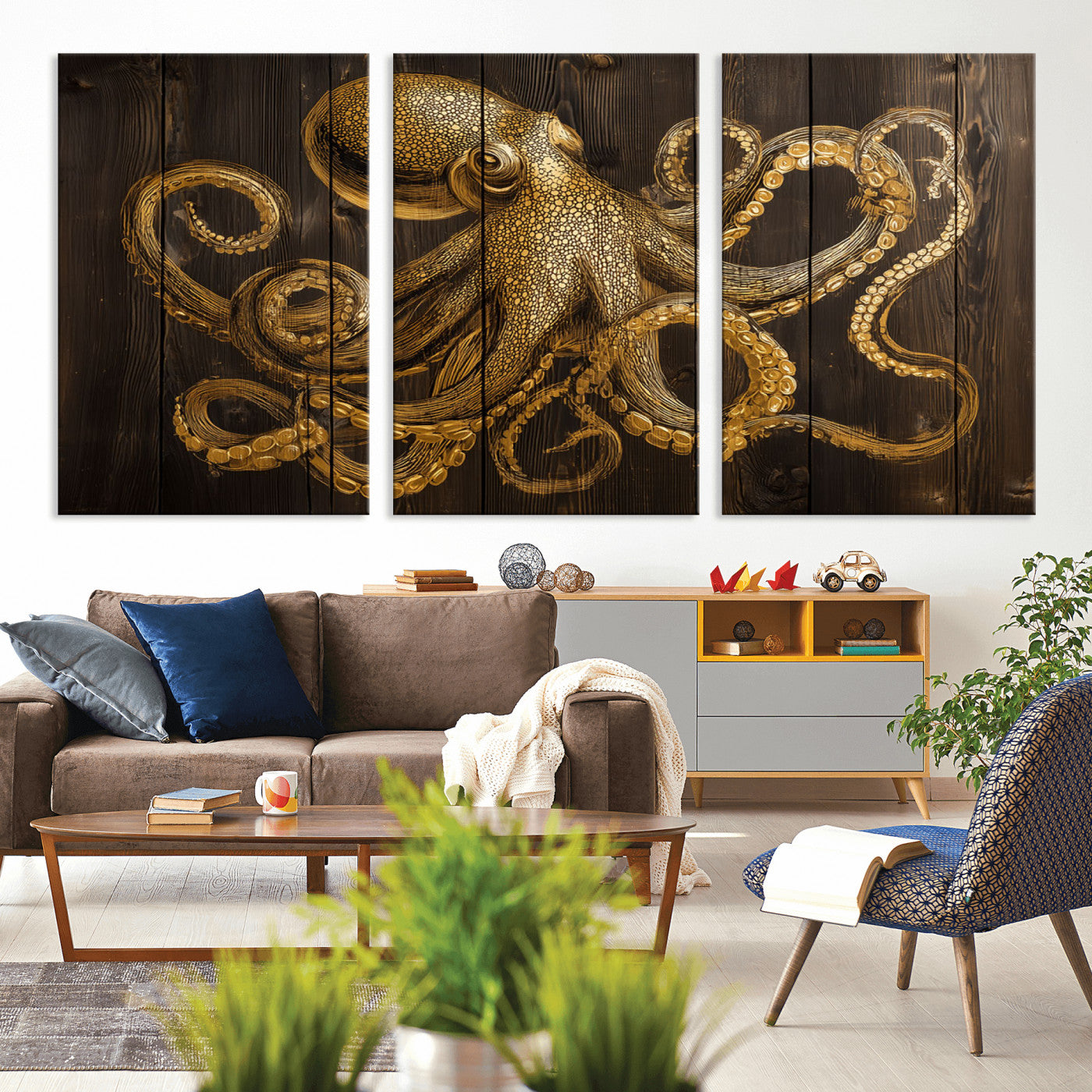 56769669-MGV-CV-36X24-Octopus Wall Art – Gold Nautical Canvas Print with Rustic Wood Panel Design, Detailed Marine Artwork for Coastal Ocean Decoration