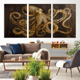 56769669-MGV-CV-36X24-Octopus Wall Art – Gold Nautical Canvas Print with Rustic Wood Panel Design, Detailed Marine Artwork for Coastal Ocean Decoration