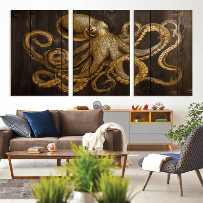 56769669-MGV-CV-36X24-Octopus Wall Art – Gold Nautical Canvas Print with Rustic Wood Panel Design, Detailed Marine Artwork for Coastal Ocean Decoration