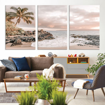 18005328-MGV-CV-36X24-Tropical Beach Canvas Wall Art – Palm Tree, Rocky Shoreline, Ocean Waves, Sunset Clouds, Calm Sea, Island Nature Relaxation for