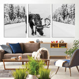 38956835-MGV-CV-36X24-Moose Winter Snowy Forest Canvas Wall Art – Wildlife Nature, Antlers in Frozen Landscape, Quiet Path, Cold Season Outdoors Print