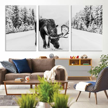 38956835-MGV-CV-36X24-Moose Wall Art – Black and White Wildlife Canvas Print with Snowy Forest Road, Rustic Nature Photography for Cabin, Lodge, Living