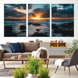 66040852-MGV-CV-36X24-Ocean Sunset Canvas Wall Art – Rocky Shore Waves, Dramatic Clouds, Golden Sun Rays, Coastal Nature, Serene Water Reflection for