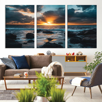 66040852-MGV-CV-36X24-Ocean Sunset Canvas Wall Art – Rocky Shore Waves, Dramatic Clouds, Golden Sun Rays, Coastal Nature, Serene Water Reflection for