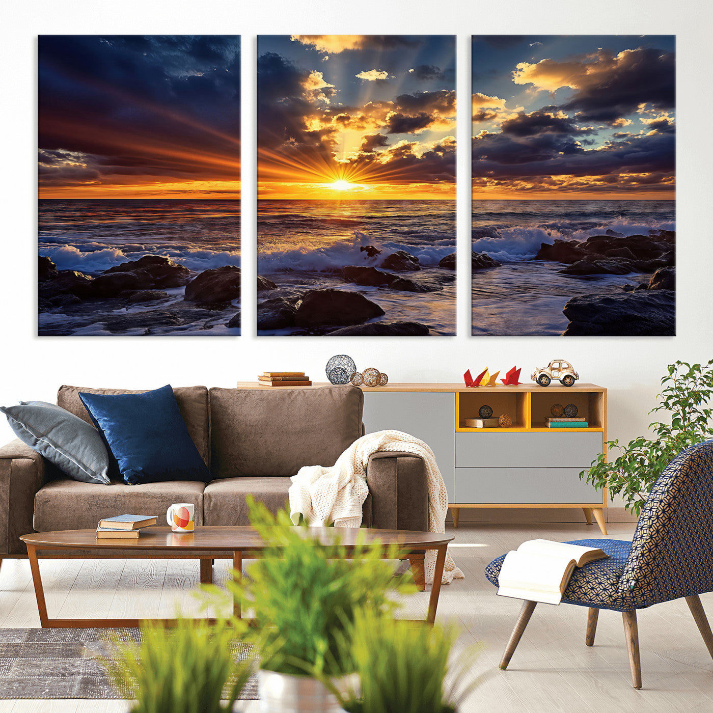 35900590-MGV-CV-36X24-Sunset Ocean Waves Canvas Wall Art – Rocky Shore, Dramatic Sky, Golden Sun Rays, Coastal Beauty, Serene Water Motion for Living