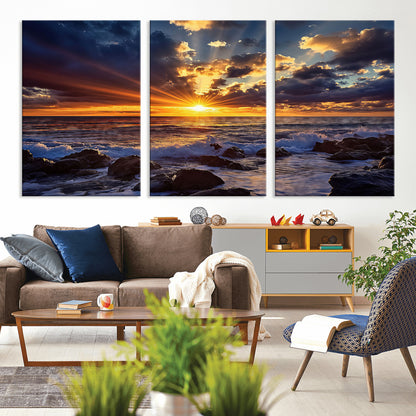 35900590-MGV-CV-36X24-Sunset Ocean Waves Canvas Wall Art – Rocky Shore, Dramatic Sky, Golden Sun Rays, Coastal Beauty, Serene Water Motion for Living