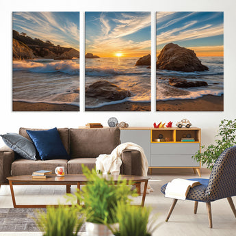 85659923-MGV-CV-36X24-Rocky Ocean Sunset Canvas Wall Art – Seaside Dramatic Seascape Print, Coastal Modern Decor, Ocean Sunset Art for Living Room or