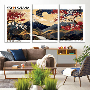 28945903-MGV-CV-36X24-Japanese Wall Art – Mount Fuji Canvas Print with Cherry Blossoms and Golden Wave Motifs, Traditional Asian Inspired Artwork for