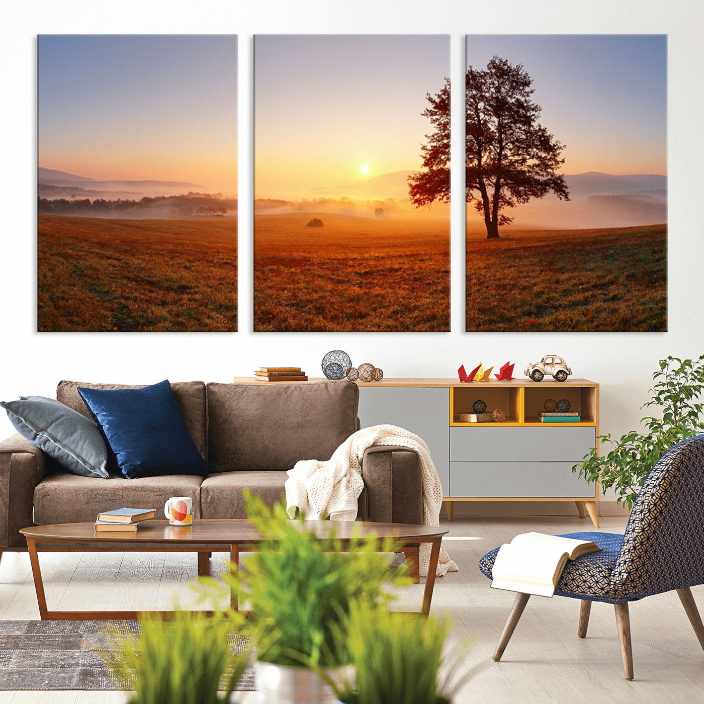 57919623-MGV-CV-36X24-Sunrise Landscape Wall Art – Golden Morning Canvas Print with Tree, Misty Hills and Open Field, Peaceful Nature Photography for