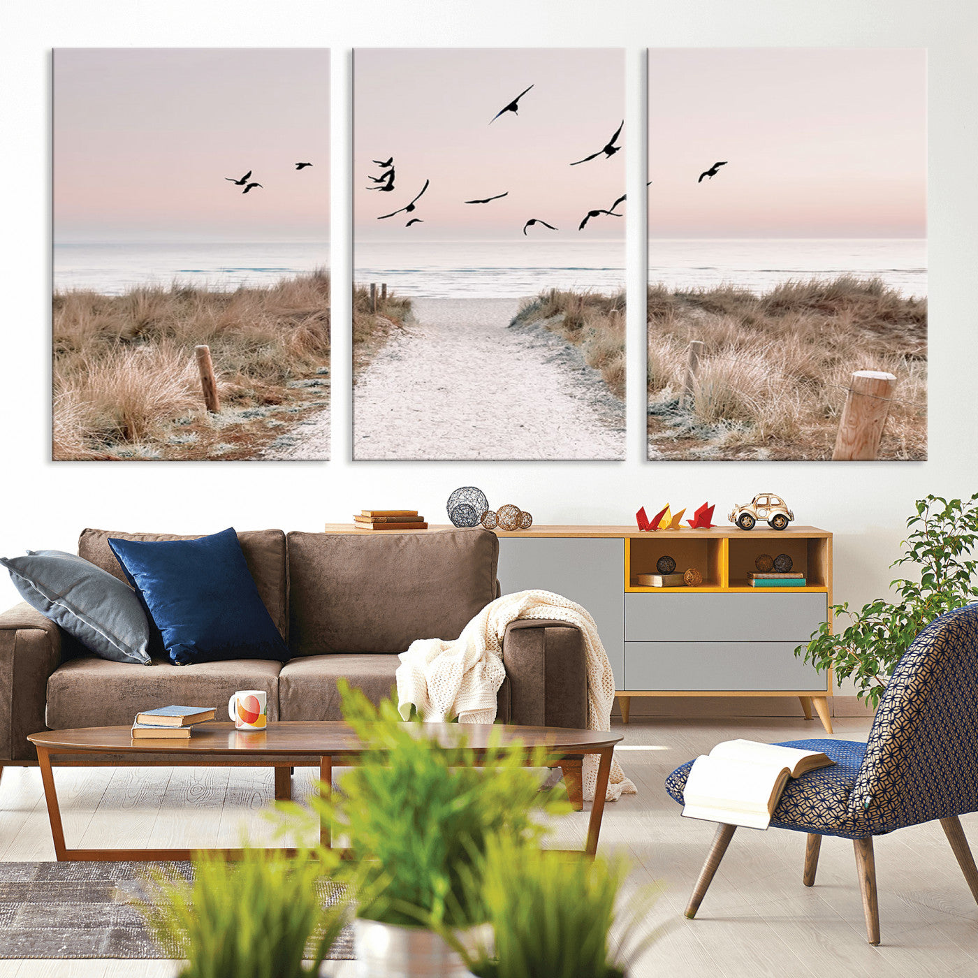 34632598-MGV-CV-36X24-Beach Pathway Wall Art – Coastal Canvas Print with Sandy Trail, Flying Birds and Pastel Sky, Serene Ocean Landscape Photography