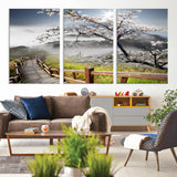 34632598CRY-MGV-CV-36X24-Cherry Blossom Wall Art – Scenic Asian Landscape Canvas Print with Wooden Walkway, Misty Mountains and Sunrise, Serene Nature