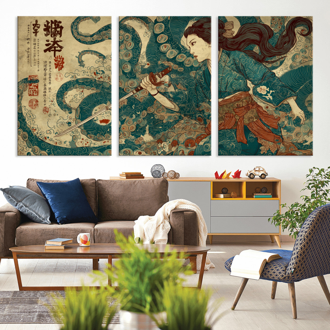 46837670-MGV-CV-36X24-Tsukioka Yoshitoshi Samurai Wall Art Print, Japanese Katana Warrior Canvas Wall Art, Octopus Sea Monster Canvas Print,