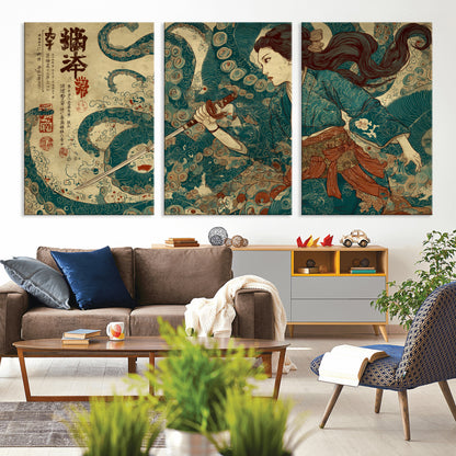 46837670-MGV-CV-36X24-Tsukioka Yoshitoshi Samurai Wall Art Print, Japanese Katana Warrior Canvas Wall Art, Octopus Sea Monster Canvas Print,