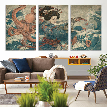 52037775-MGV-CV-36X24-Samurai Woman Wall Art – Japanese Ukiyo e Style Canvas Print with Katana, Ocean Waves and Octopus, Traditional Asian Inspired