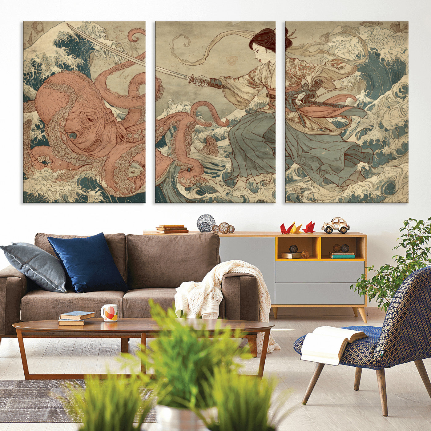 54879547-MGV-CV-36X24-Samurai Woman Wall Art – Japanese Ukiyo-e Style Canvas Print with Katana and Octopus, Traditional Asian Inspired Battle Artwork