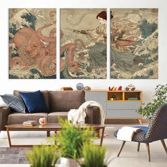 54879547-MGV-CV-36X24-Tsukioka Yoshitoshi Samurai Wall Art Print, Japanese Katana Warrior Canvas Wall Art, Octopus Sea Monster Canvas Print,