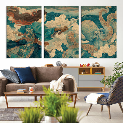 37943964-MGV-CV-36X24-Samurai Warrior vs Octopus Wall Art – Japanese Ukiyo-e Style Canvas Print, Ocean Battle Scene Artwork for Living Room, Office, Man