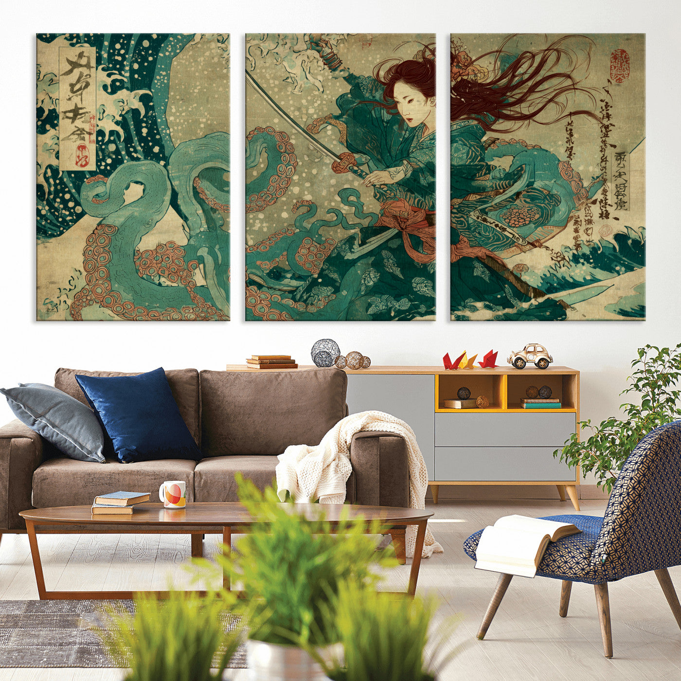 86918027-MGV-CV-36X24-Tsukioka Yoshitoshi Samurai Wall Art Print, Japanese Katana Warrior Canvas Wall Art, Octopus Sea Monster Canvas Print,