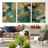 86918027-MGV-CV-36X24-Tsukioka Yoshitoshi Samurai Wall Art Print, Japanese Katana Warrior Canvas Wall Art, Octopus Sea Monster Canvas Print,